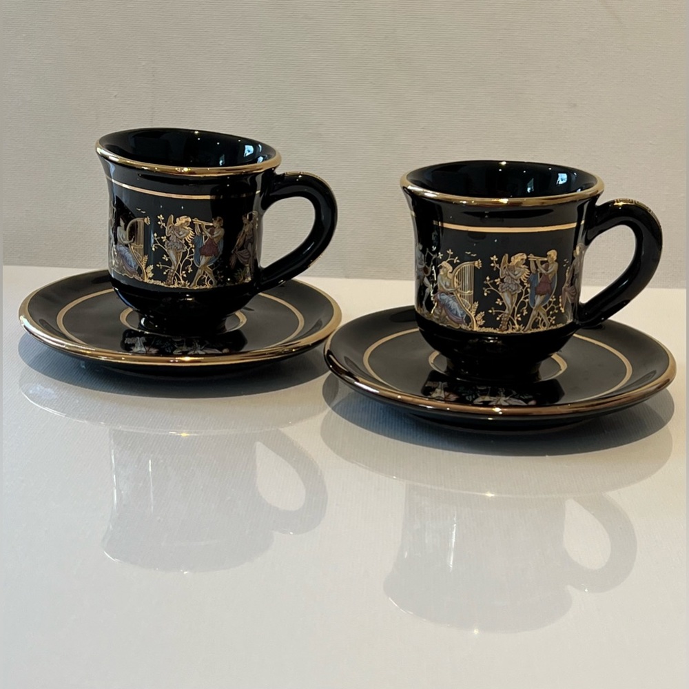 24K Gold TEA CUP & SAUCER Hand Made Greece Greek Mythology Prints Gold Black
